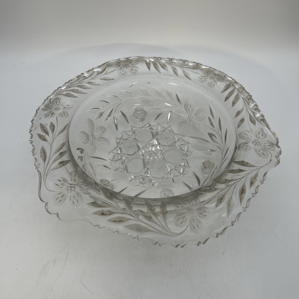 vintage pressed and wheel-cut clear glass footed bowl